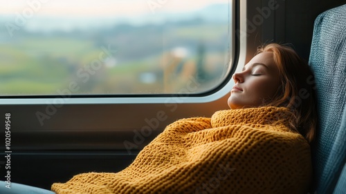 Taking a nap on a train seat, lulled to sleep by the rhythmic motion of the train, take a nap, train nap photo