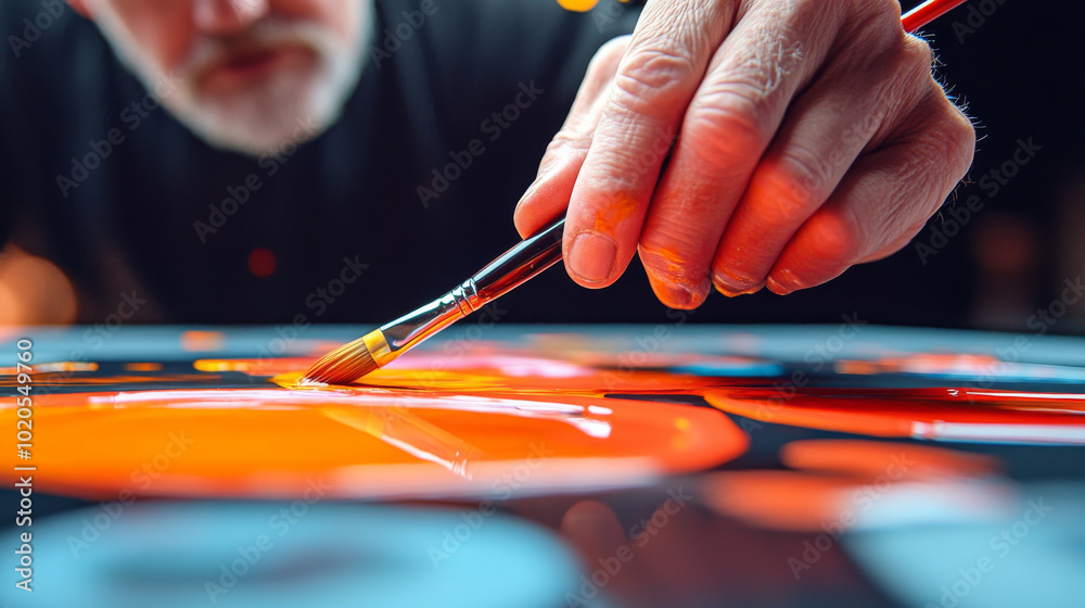 Creating description and keywords for imageA skilled artists hand delicately applies vibrant orange paint to canvas, showcasing creativity and passion in art making process. colorful patterns and text Creating description and keywords for imageA skilled artists hand delicately applies vibrant orange paint to canvas, showcasing creativity and passion in art making process. colorful patterns and text