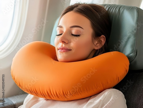 Taking a nap on an airplane, using a travel pillow for extra comfort, take a nap, airplane nap photo