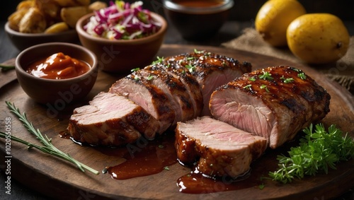 Barbecued meat served with sauces and accompaniments on plate, no people visible photo