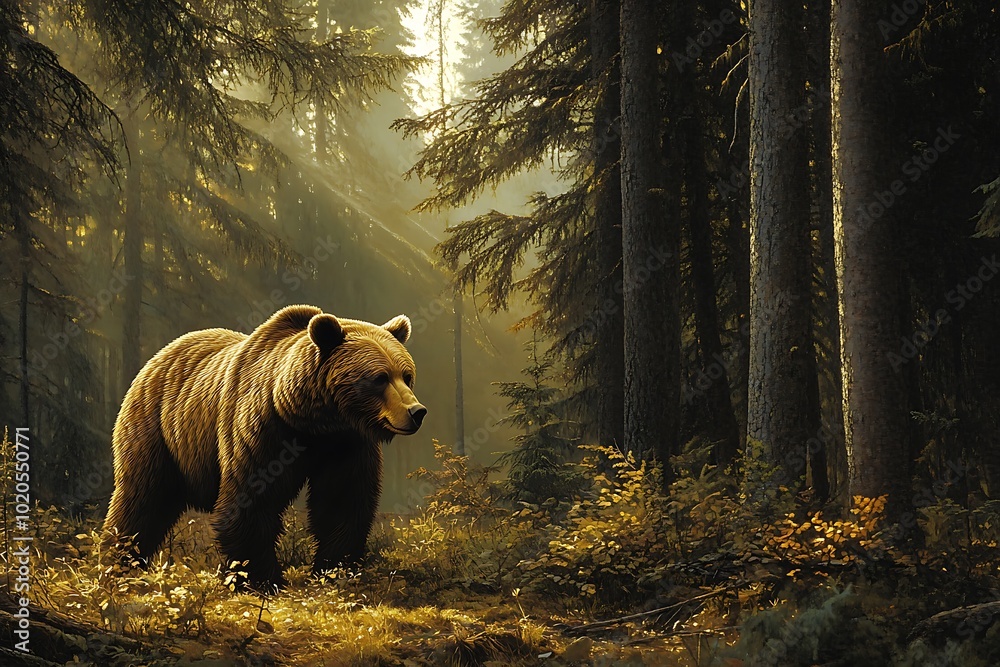 A bear stands in a sunlit forest, surrounded by trees and foliage. A bear stands in a sunlit forest, surrounded by trees and foliage.