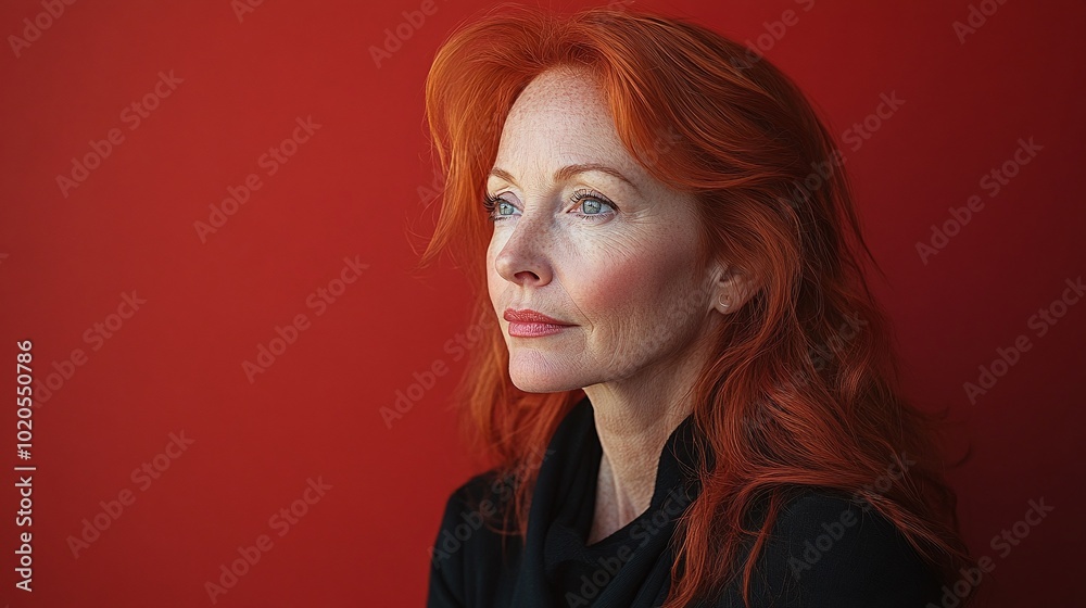 confident and smiling redhead mature woman captured in a studio portrait with a bold color background reflecting her elegance and personality in a professional indoor setting confident and smiling redhead mature woman captured in a studio portrait with a bold color background reflecting her elegance and personality in a professional indoor setting