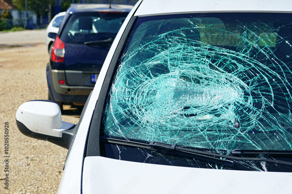 Fototapeta premium A white passenger car with a broken windshield parked on the side of the road. The aftermath of a traffic accident caused by dangerous driving: a close-up photo of a windshield with multiple cracks.