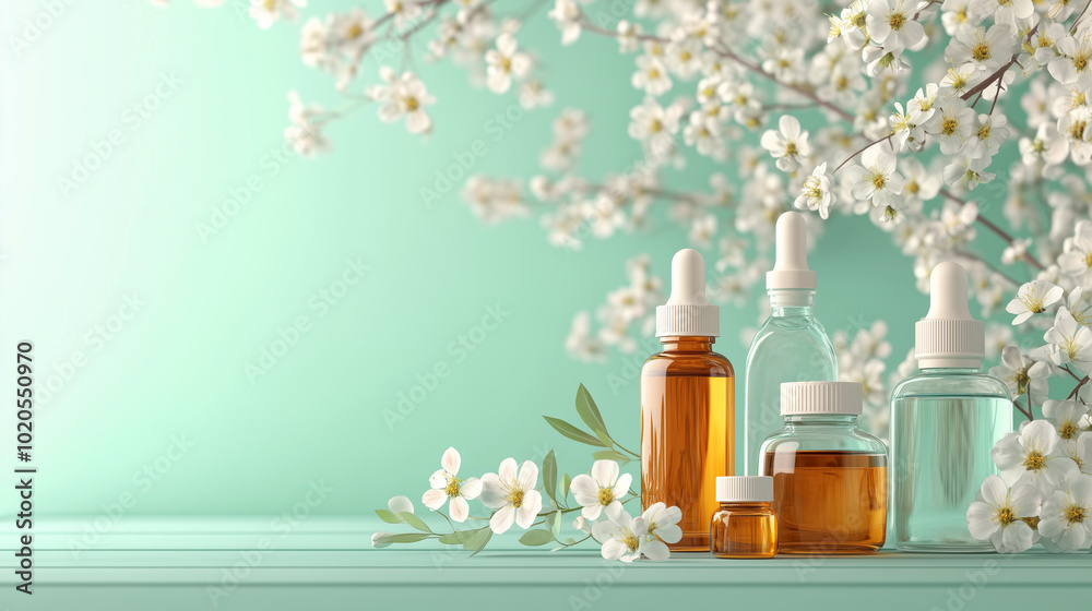 serene arrangement of essential oil bottles surrounded by delicate white flowers on soft mint background creates calming atmosphere serene arrangement of essential oil bottles surrounded by delicate white flowers on soft mint background creates calming atmosphere