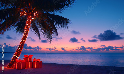 Tropical Christmas Scene with Palm Tree Decorated with Lights and Presents on the Beach at Sunset