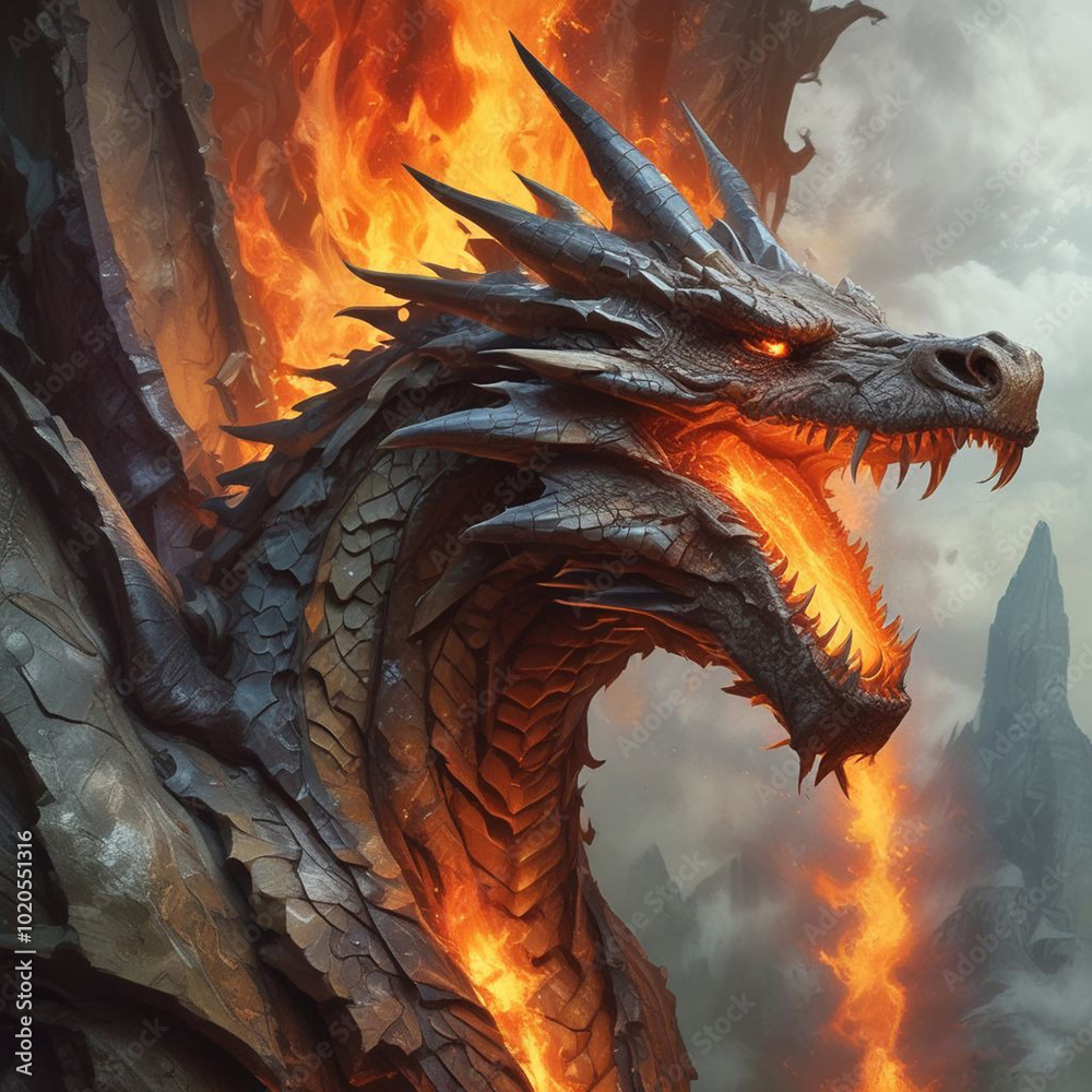 Realistic illustration of dragon heat with skin pattern and flame of orange fire. Realistic illustration of dragon heat with skin pattern and flame of orange fire.