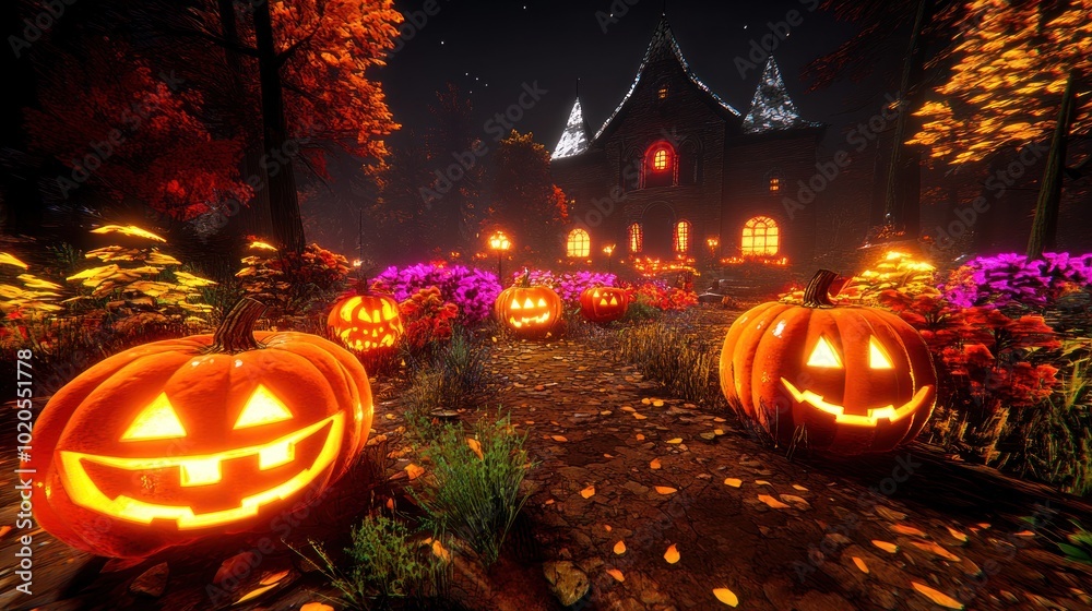 A Mysterious Halloween Night Adorned with Glowing Pumpkins and Vibrant Flowers Against an Ancient Haunted House Backdrop