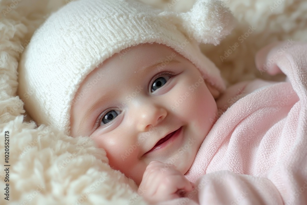 Adorable baby with sparkling blue eyes and a cozy white hat resting on a fluffy blanket Adorable baby with sparkling blue eyes and a cozy white hat resting on a fluffy blanket
