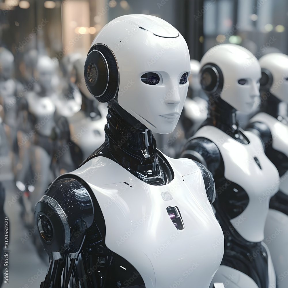 Humanoid AI robots blending in with a futuristic crowd,Generative AI Humanoid AI robots blending in with a futuristic crowd,Generative AI