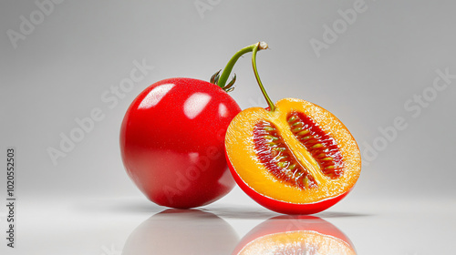 Fresh tamarillo fruit with shiny red skin, sliced to reveal its vibrant orange interior and unique texture. This captures fruits glossy appearance and rich colors beautifully