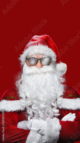 Attractive, cool, smiling Cool Santa Claus - Positive Christmas or New Year concept. High vertical poster.