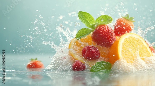 Refreshing fruits like oranges, strawberries, and raspberries get splashed with water, creating a vibrant scene. Vibrant fruits pop against a blue background, with water droplets falling visually