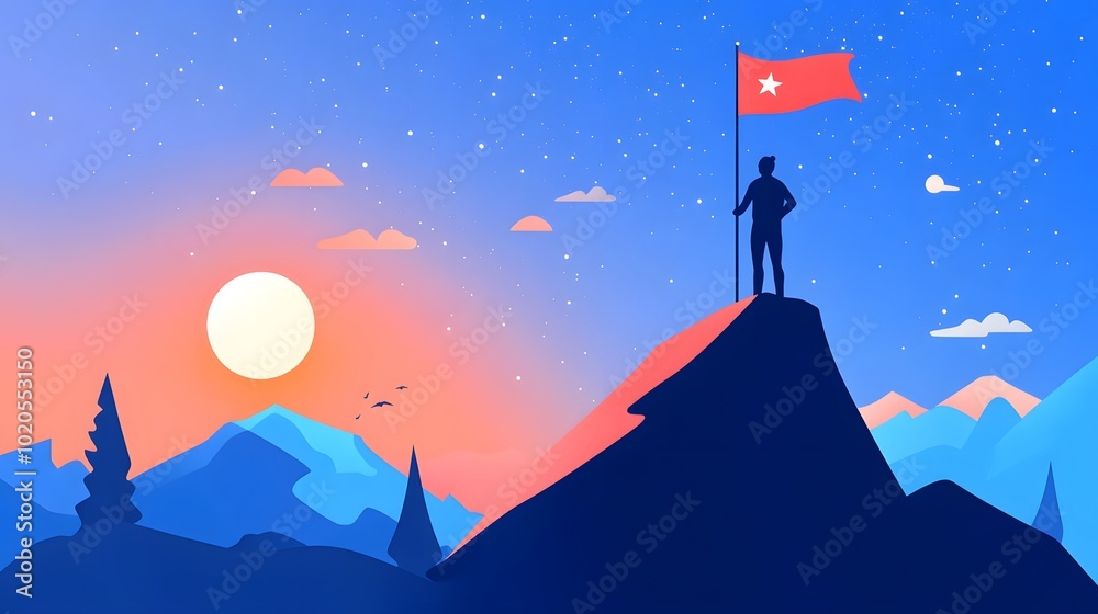 Obraz premium Minimalist vector illustration of an individual standing on a peak