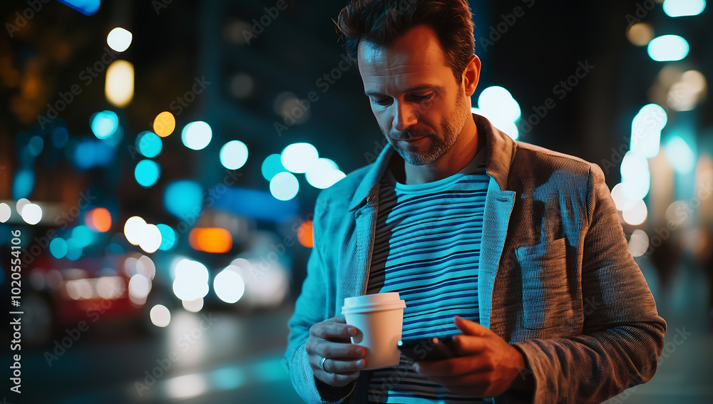 Man in Casual Attire Using Smartphone at Night, Holding Coffee Cup in City Lights Man in Casual Attire Using Smartphone at Night, Holding Coffee Cup in City Lights