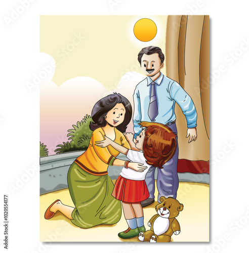 Mother caressing baby father standing next to it English Rhyme Books Design