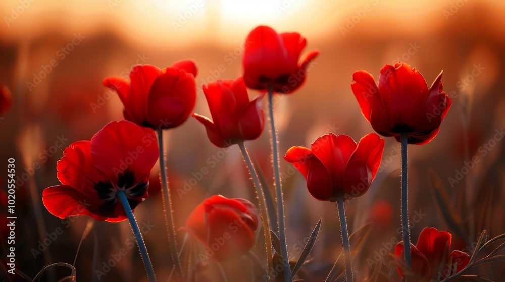 Fototapeta premium A field of red flowers with the sun in the background