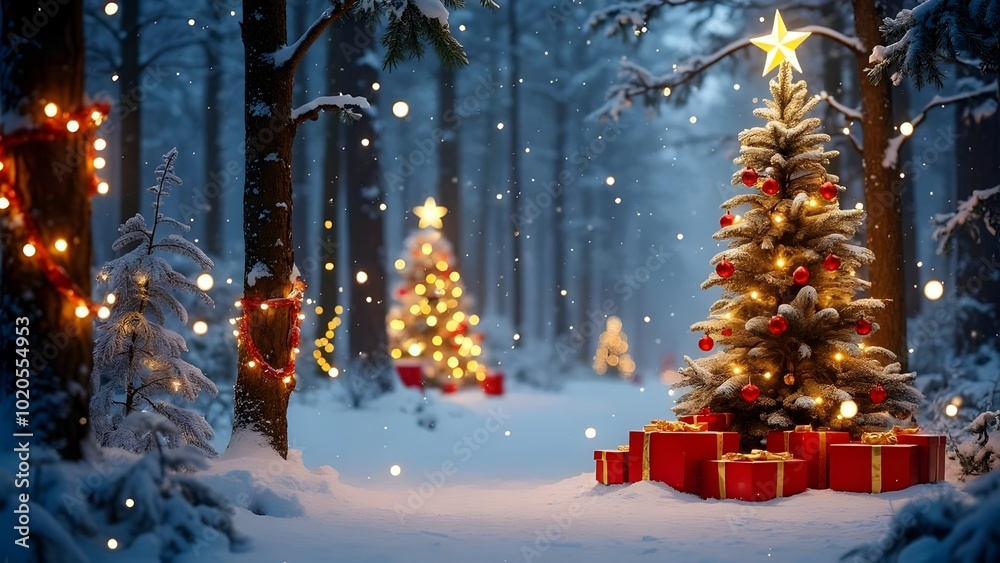 Snowy Forest Path with Christmas Trees and Gifts Snowy Forest Path with Christmas Trees and Gifts