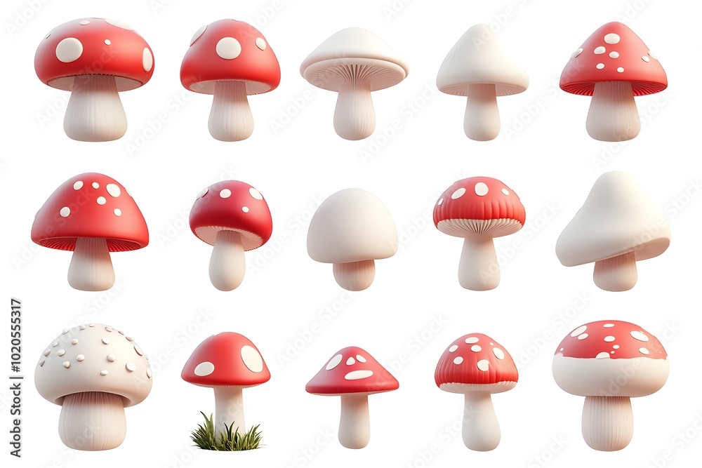 Whimsical Collection of Colorful 3D Mushroom Icons and Objects in Minimal Cartoon Style on Whimsical Collection of Colorful 3D Mushroom Icons and Objects in Minimal Cartoon Style on