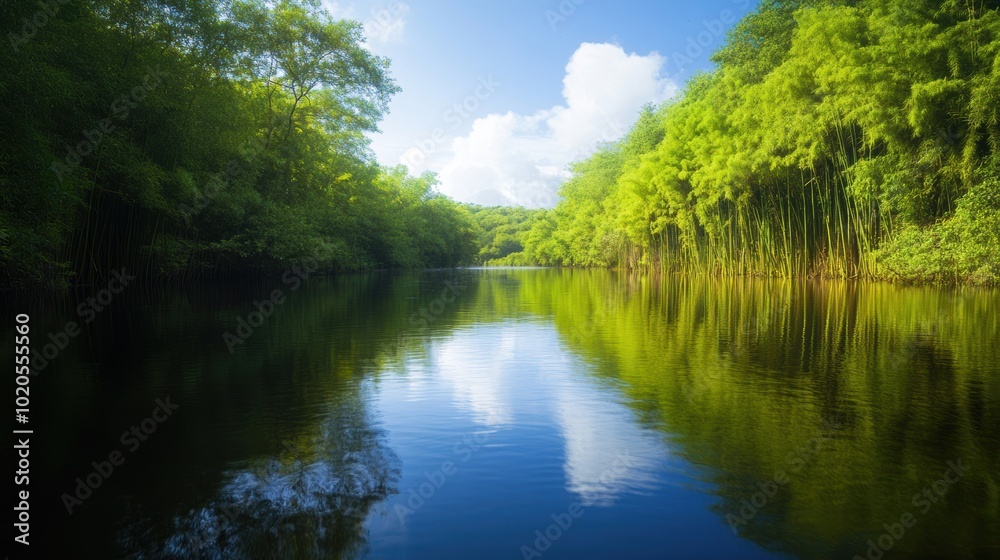 The serene bamboo forest creates beautiful reflections on still waters, surrounded by lush greenery and a bright blue sky The serene bamboo forest creates beautiful reflections on still waters, surrounded by lush greenery and a bright blue sky