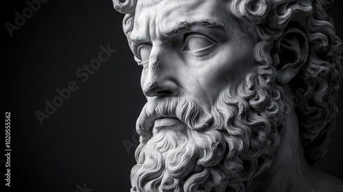 A detailed close up view of a statue depicting a man with a beard