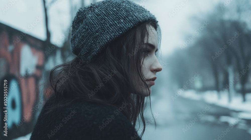 A young woman wearing a beanie reflects quietly in a graffiti alley, surrounded by an atmospheric mist on a chilly day A young woman wearing a beanie reflects quietly in a graffiti alley, surrounded by an atmospheric mist on a chilly day