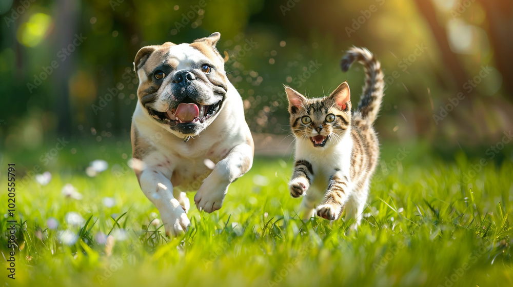 Fototapeta premium Bulldog and kitten running together on grass in a sunny park