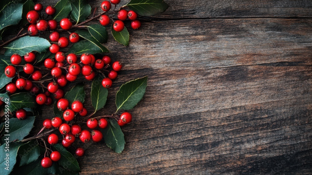 Organic rowan branch arrangement with rich red berries on wood, capturing a warm Christmas setting with earthy textures. Christmas Organic rowan branch arrangement with rich red berries on wood, capturing a warm Christmas setting with earthy textures. Christmas