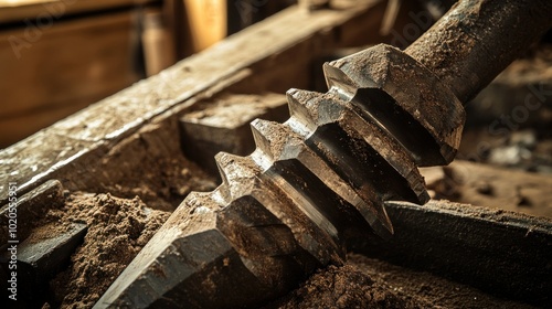 Close-up of a Dirty, Worn Metal Gear in a Wooden Machine