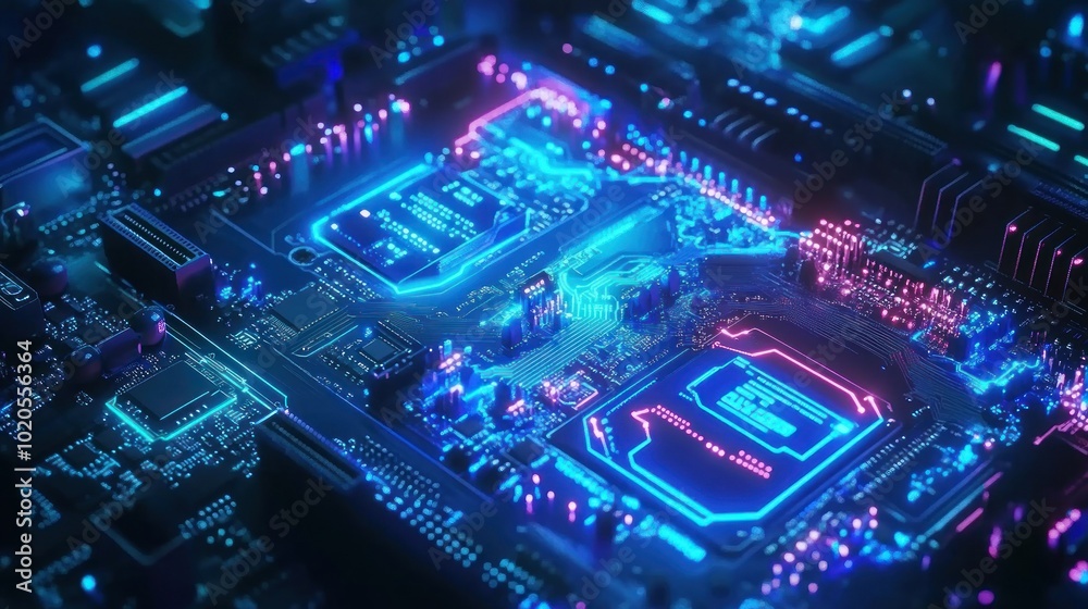 Fototapeta premium Close-up of a glowing blue and pink circuit board with a digital aesthetic.