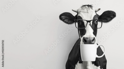 Illustration of a cow in cartoon style, a cow in beautiful glasses, unusual illustration, white background for advertising. photo