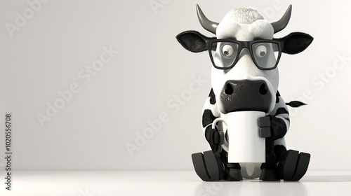 Illustration of a cow in cartoon style, a cow in beautiful glasses, unusual illustration, white background for advertising. photo