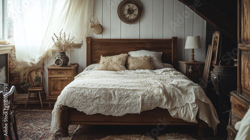 Embrace Cozy Elegance: A Rustic Bedroom Oasis with Timeless Charm and Vintage Accents for Ultimate Relaxation and Style