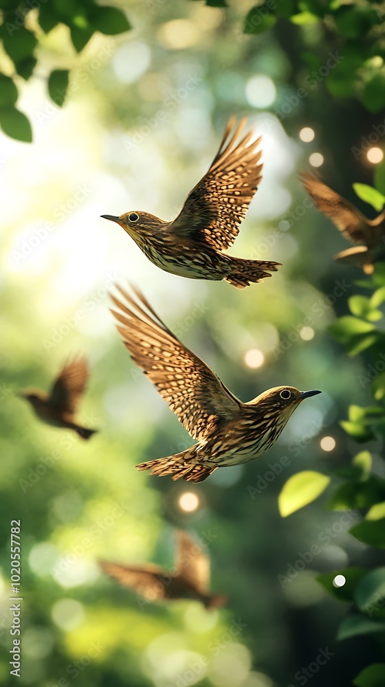Fototapeta premium A serene scene of birds flying amidst lush greenery and soft light.