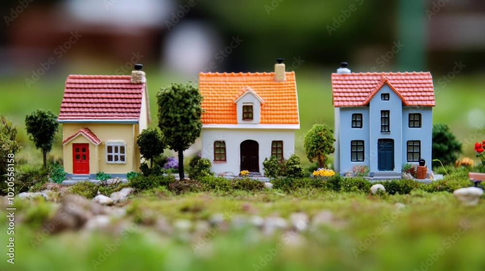 A trio of colorful miniature houses captures the essence of a real estate deal, set against a lush garden backdrop under bright sunlight A trio of colorful miniature houses captures the essence of a real estate deal, set against a lush garden backdrop under bright sunlight