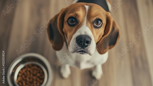 A beagle looks up with anticipation at its food bowl, which is filled with kibble, in a warm and inviting home environment