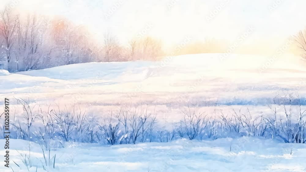 Serene winter landscape at sunrise with snow-covered fields and trees Serene winter landscape at sunrise with snow-covered fields and trees