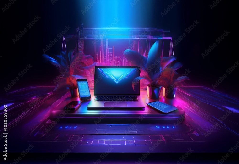 A laptop, a smartphone and two potted plants on a dark desk with a futuristic neon light. A laptop, a smartphone and two potted plants on a dark desk with a futuristic neon light.