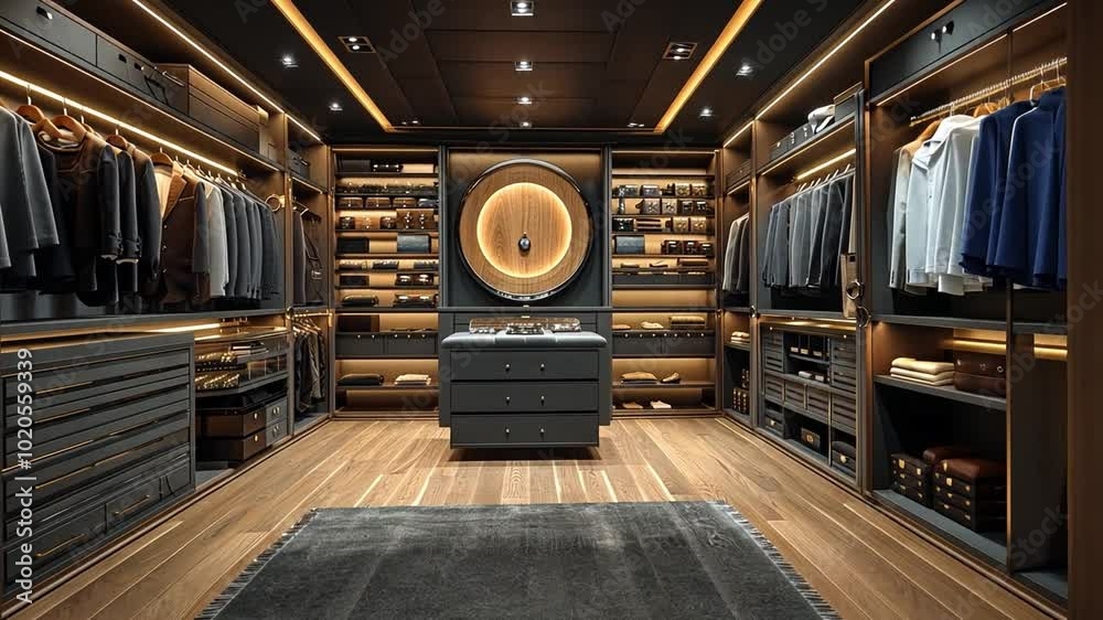 A spacious walk-in closet features stylish lighting, neatly organized clothing, and an elegant center island for accessories in a sophisticated home.