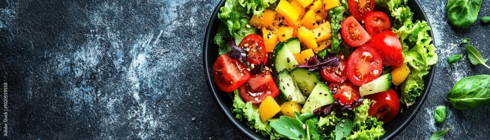 Top-down view of a colorful, healthy salad bowl with fresh ingredients, bright and appetizing Top-down view of a colorful, healthy salad bowl with fresh ingredients, bright and appetizing