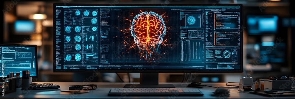 Fototapeta premium Cutting-Edge Digital Brain Data Visualization on High-Tech Display - Innovative Neuroscience and Cognitive Technology Concept