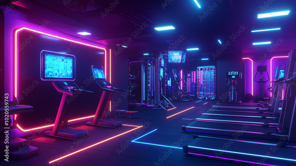 Futuristic gym interior with neon lights and modern fitness equipment, creating an energetic atmosphere for workouts.