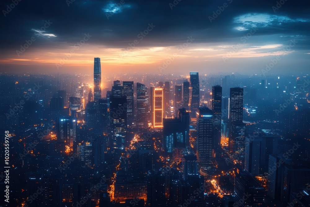 Vibrant cityscape at night, skyscrapers illuminated against a dark sky, taken from a high vantage point Vibrant cityscape at night, skyscrapers illuminated against a dark sky, taken from a high vantage point