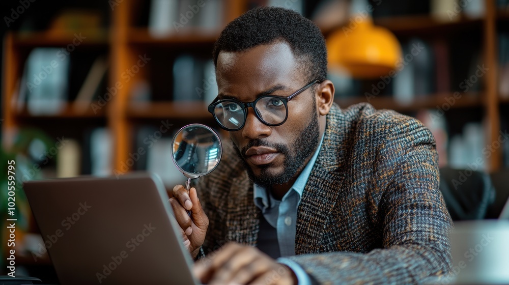 Businessman using magnifying glass while working on laptop, investigative analysis concept, office environment, close-up, attention to detail, research, detective work, data inspection, professional Businessman using magnifying glass while working on laptop, investigative analysis concept, office environment, close-up, attention to detail, research, detective work, data inspection, professional