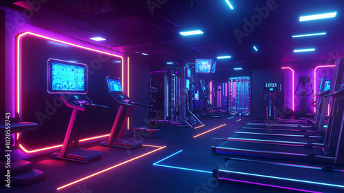 Obraz na płótnie Futuristic gym interior with neon lights and modern fitness equipment, creating an energetic atmosphere for workouts. w salonie