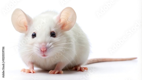 Forced perspective cute white mouse isolated on white background