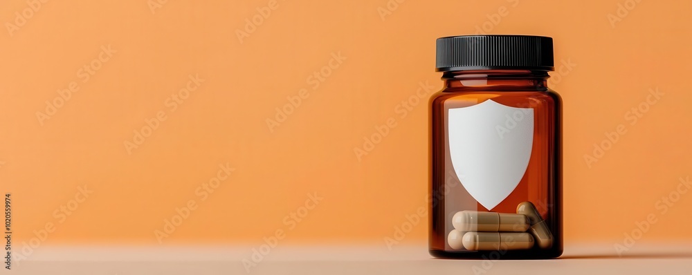 Nutritional supplement bottle with a shield and plus sign, indicating added protection and benefits, shield drug, nutritional shield Nutritional supplement bottle with a shield and plus sign, indicating added protection and benefits, shield drug, nutritional shield