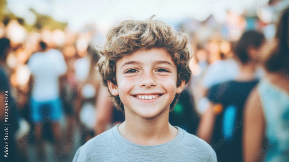 Fototapeta premium A cheerful young boy smiles broadly while surrounded by a busy crowd in an urban setting, conveying joy and excitement