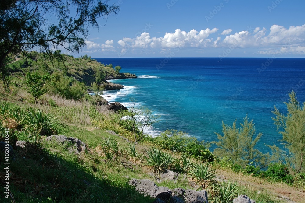 Breathtaking coastal view showcasing turquoise waters and lush greenery on a sunny day Breathtaking coastal view showcasing turquoise waters and lush greenery on a sunny day