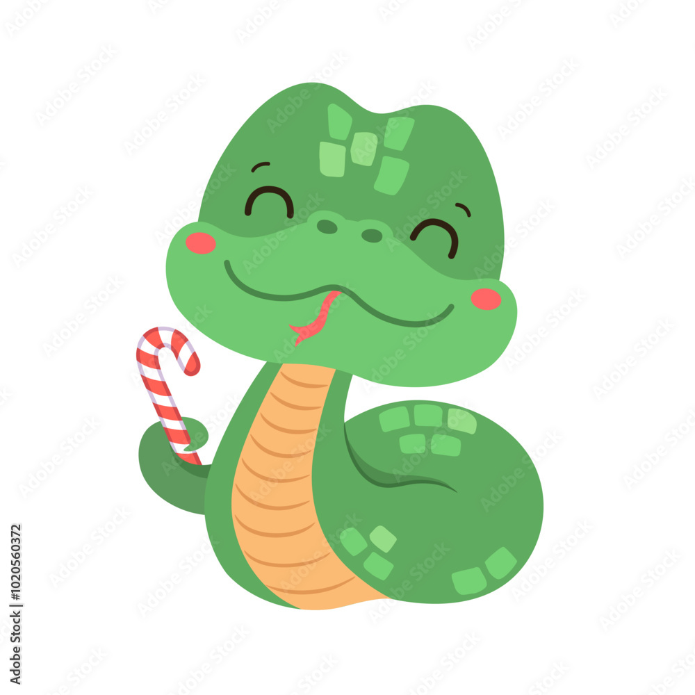 Cute snake kawaii character Chinese lunar new year symbol. Cartoon snake holding candy cane. Whimsical character oriental zodiac green snake isolated icon. Christmas and winter holiday fun design. Cute snake kawaii character Chinese lunar new year symbol. Cartoon snake holding candy cane. Whimsical character oriental zodiac green snake isolated icon. Christmas and winter holiday fun design.