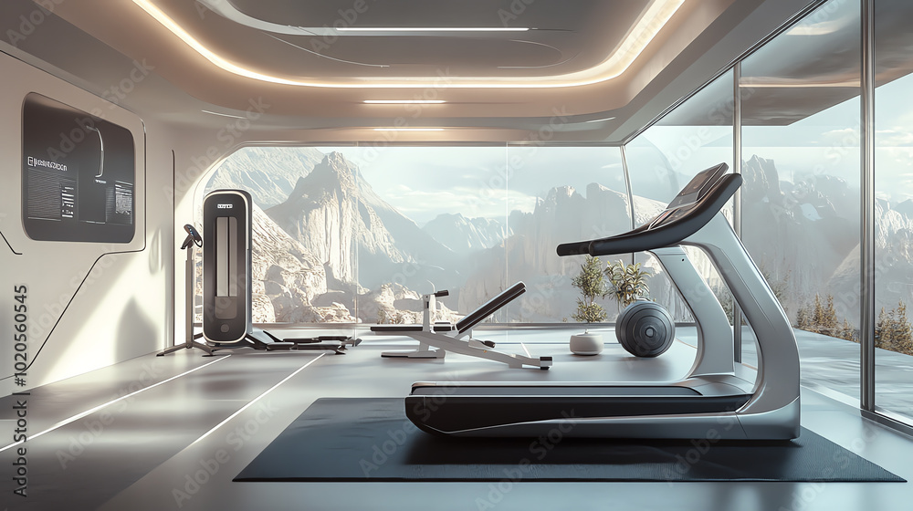 Modern gym interior with sleek equipment and stunning mountain views, designed for fitness enthusiasts seeking inspiration.